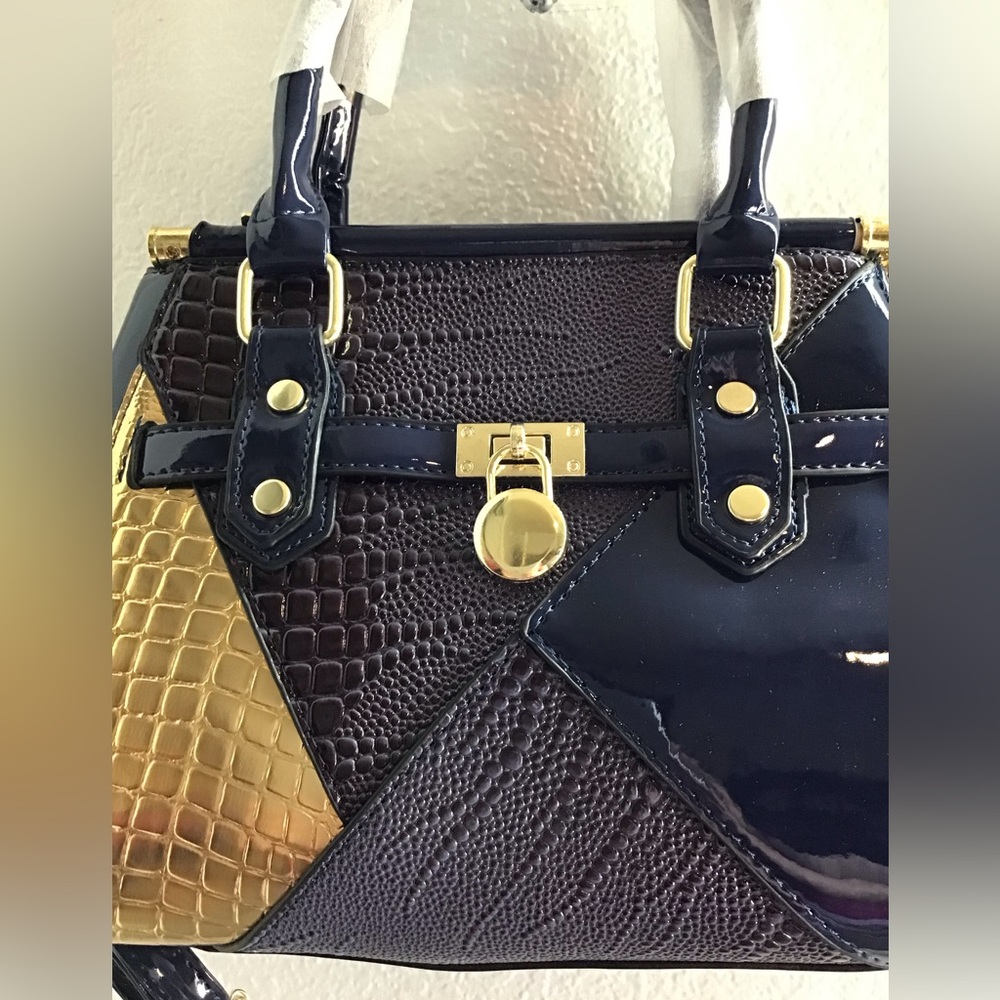 NWOT Blue n Gold Stylish Multi-Texture patent leather Handbag with strap